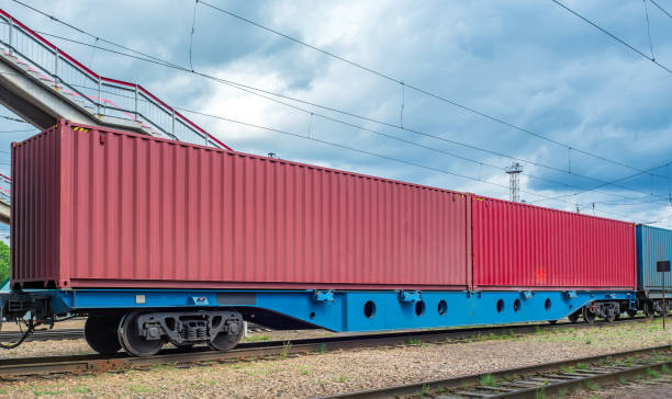 istock A 80ft flatcar (flat wagon) with two 40ft containers on Trans-Siberian Railroad. Fitting platform. 1400289183