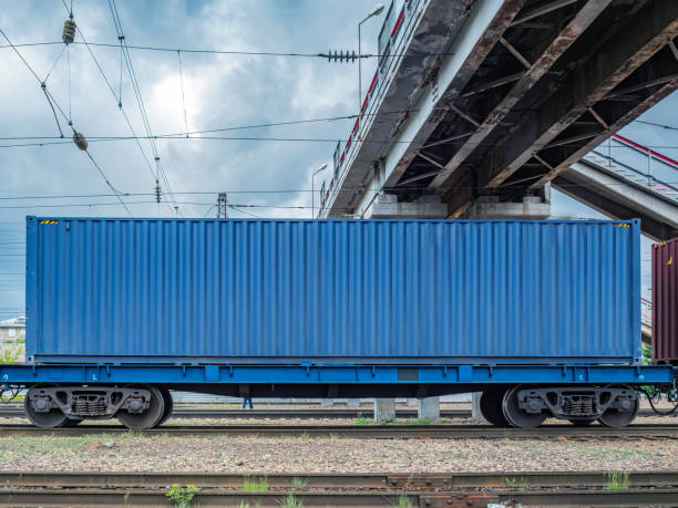 istock Flatcar (flat wagon) with 40ft container on Trans-Siberian Railroad.Fitting platform. 1400289194