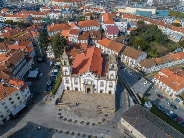 Aerial top view of old historic town Viseu with church, Portugal