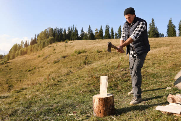 istock Handsome man with axe cutting firewood on hill 1400291023