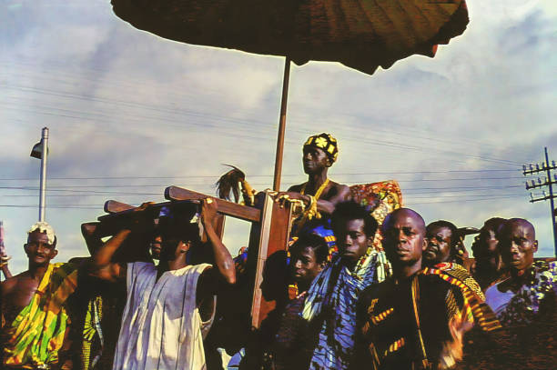 People celebrating at the annual Odwira Festival in Aburi, Ghana in 1958 stock photo