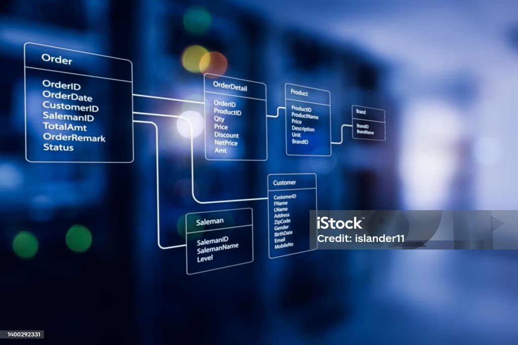 Relational database tables with server room and datacenter background. Concept of database diagram design. Database Stock Photo