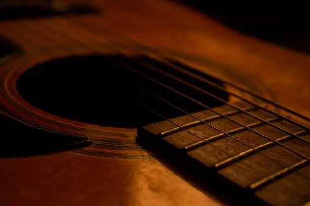 Image of an acoustic guitar. The image is a closeup to the guitar's chords with a black background. The photo only focuses on the guitar chords with a black background in order to make the photo infer the feeling of calm.