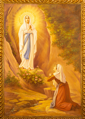 Monopoli - The painting of Appearance of Virgin Masry to st. Bernadette in Lourdes  in the church Chiesa di San Franceso d Assisi by A. Nicolas.