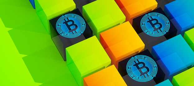 Bitcoin Logo on Cube Background