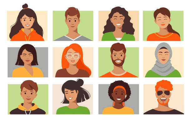 Set of avatar on a colored background. Video Conference, chat, meeting. Characters on a colored background. Flat vector set pics of a cute muslim outfits stock illustrations