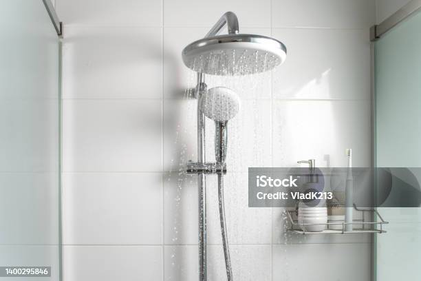 Jets Of Clean Water Flowing In The Shower Cabin Stock Photo - Download Image Now - Shower, Rain, Shower Head
