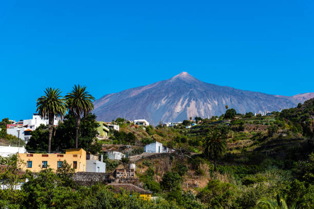 vue sur le volcan teide depuis icod de los vinos par une journée ensoleillée avec un ciel bleu - el teide national park photos et images de collection