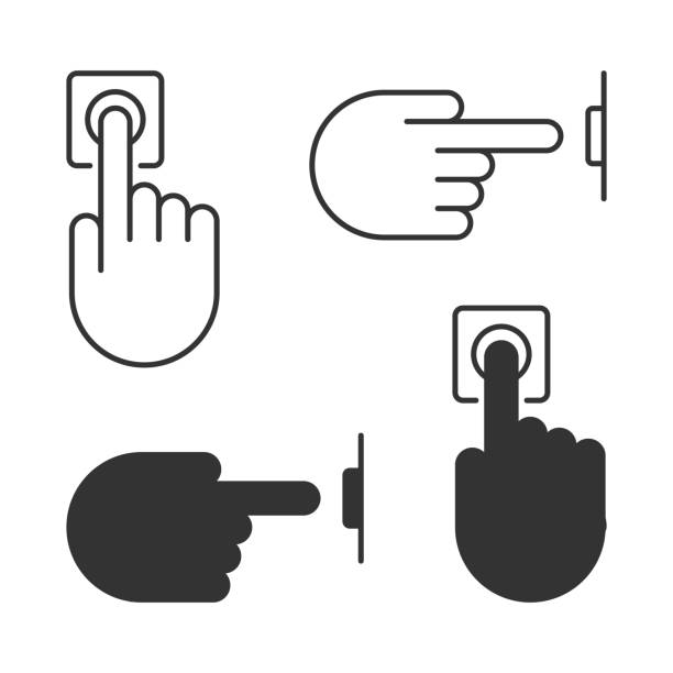 illustrations, cliparts, dessins animés et icônes de sonnez l’icône de la sonnette de la porte. appuyez à la main sur le panneau du bouton. appuyez sur le symbole de la sonnette. illustration vectorielle. - buzzer