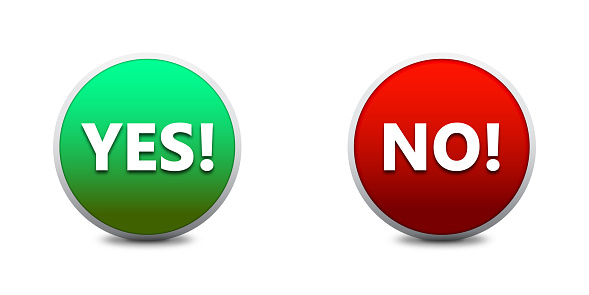 Yes and no buttons. Red and green badges with lattering and shadows. Flat vector illustration