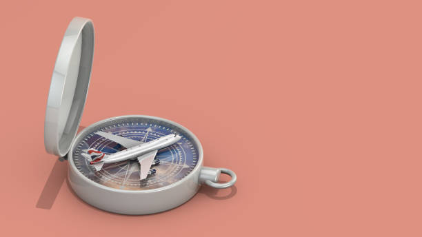 3D creative composition of a passenger plane as pointer on a compass as concept for destination travel background image on pastel pink background with clipping path. Travel or vacation concept. stock photo