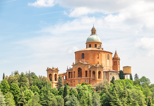 Bologna, Italy. 24 May 2022. Sanctuary Of The Madonna Di San Luca in Bologna, Italy with people on the roof.