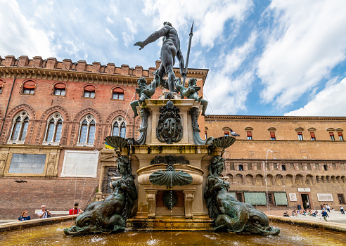 Bologna, Italy. Tuesday 24 May 2022. Fountain of Neptune in the town centre of  Bologna, Italy