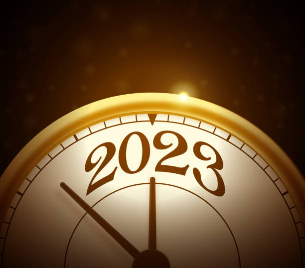 Golden Happy New Year 2023 Clock Gold 2023 clock or time symbol. times square stock illustrations