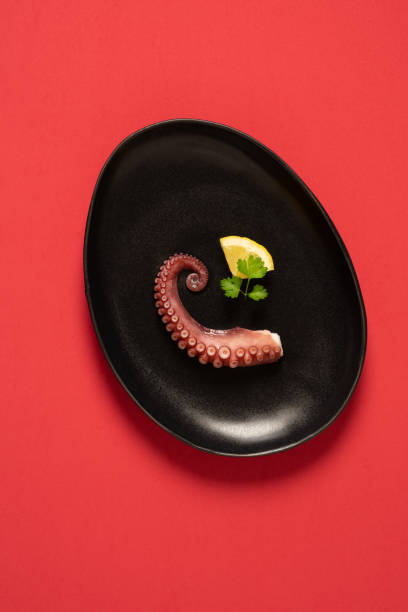 Grilled octopus plated with lemon and parsley on a red background