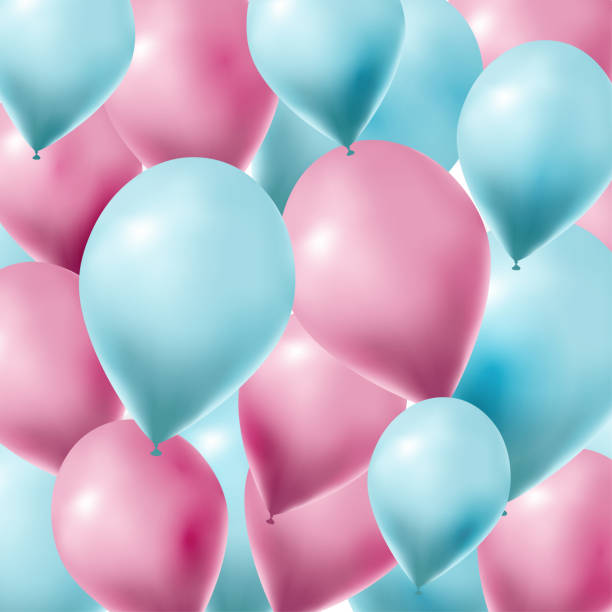 istock Gender reveal party background with many pink and blue 3d balloons. Ornate vector square backdrop with flying helium balls. 1400302857