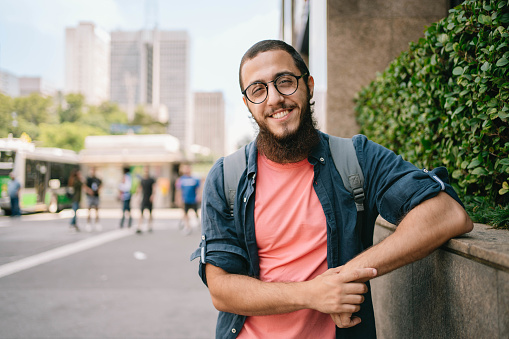 Portrait of university student at Paulista Avenue in Sao Paulo , Brazil