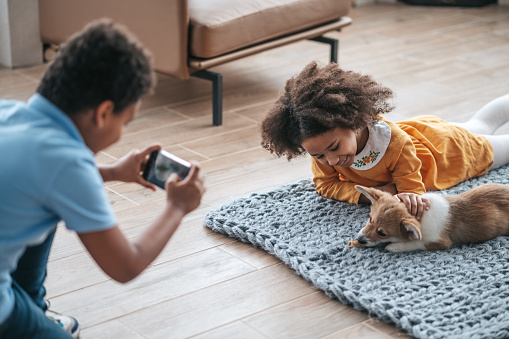 Make photo. A boy making photo of his sister and a cute little puppy