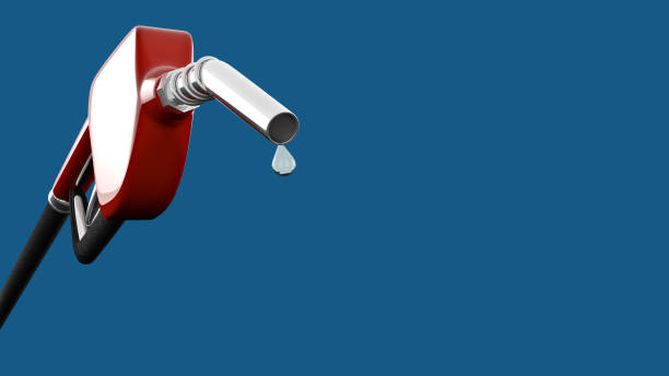 3D Illustration of Shiny Red Gas Pump with Drop of Fuel Isolated on Blue Background with Clipping Path stock photo