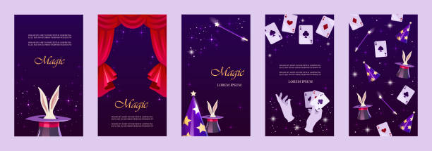 A set of magical vertical tickets for the show. Wizard's hat with a hare and a magic wand. A set of magical vertical tickets for the show. Wizard's hat with a hare and a magic wand. Horizontal isolated template for landing page, business card, flyer, banner, poster, invitation. Vector magician stock illustrations