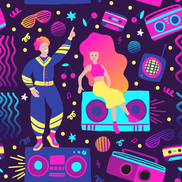illustrations, cliparts, dessins animés et icônes de magnétophone radio sans couture motif des années 80 illustration - woman taking radio vintage