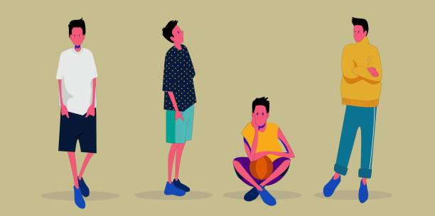 Vector illustration in cartoon style. Boy, guy in casual clothes. the man in casual clothes. The guy is view from the front, from the side. Vector illustration in cartoon style. Boy with baskedball, looking up, and sitting on the floor. good looking man looking up stock illustrations