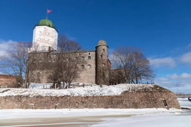 Vyborg Castle exterior on a sunny  day in winter season. Russia