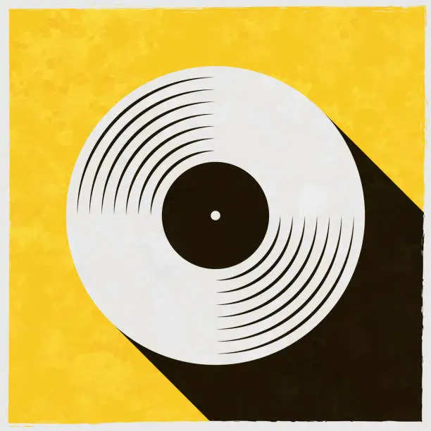 Vector illustration of Vinyl record. Icon with long shadow on textured yellow background