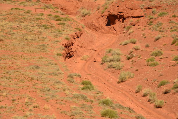 Dried Redrock Creek At High Angle Near Valley of The Gods, Mexican Hat, Utah dry riverbed stock pictures, royalty-free photos & images