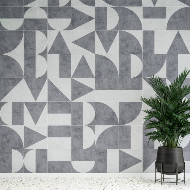istock Empty unfurnished interior with geometric shape tiled wall background and potted plant (palm tree) retro 80's style 1400315464