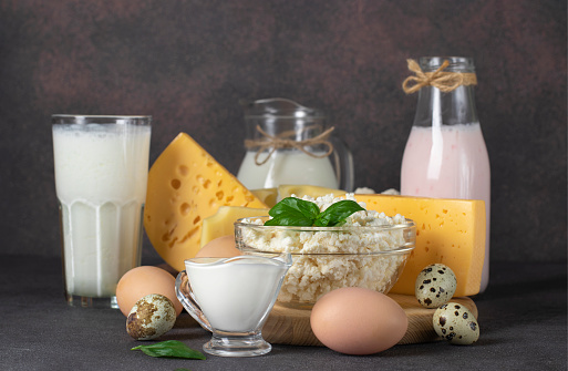 Dairy products, Milk, Yogurt, Ayran, Sour Cream, Several types of Cheese, Cottage Cheese, Chicken and Quail Eggs on Dark Table