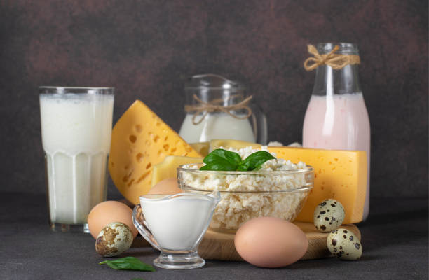 Dairy products, Milk, Yogurt, Ayran, Sour Cream, Several types of Cheese, Curd, Chicken and Quail Eggs on Dark Table stock photo