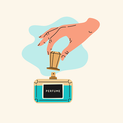 A person's hands open a perfume bottle. Isolated illustration on a light background. Template for the design. Trending vector graphics.