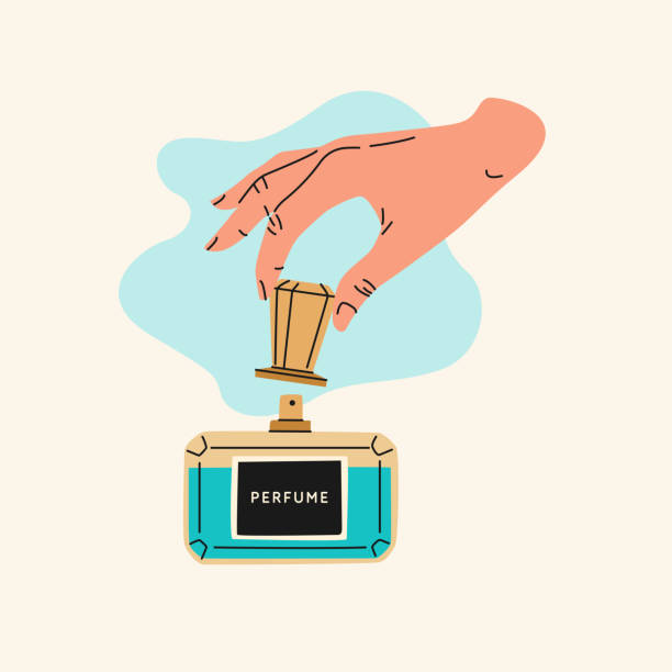 A person's hands open a perfume bottle. Isolated illustration on a light background. Template for the design. A person's hands open a perfume bottle. Isolated illustration on a light background. Template for the design. Trending vector graphics. perfume sprayer stock illustrations