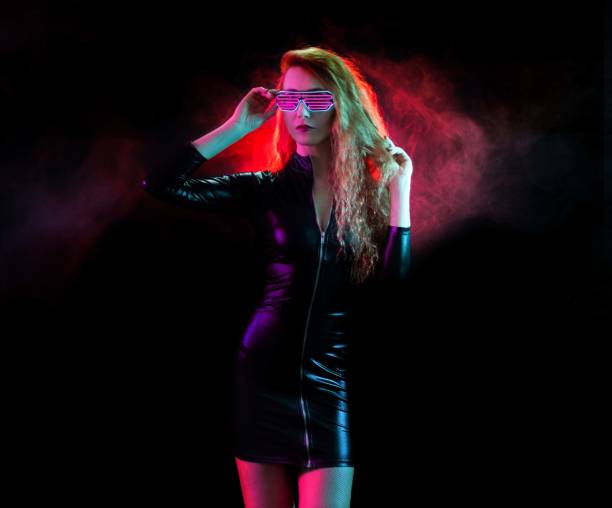 istock Futuristic woman with neon light glasses. 1400319028