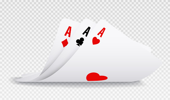 Playing curved cards. Lucky combination in hand of poker player. Three aces, clubs, diamonds, hearts. Elements for gambling, online raffles on website. Realistic isometric vector illustration