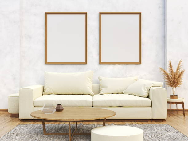 istock Mock up poster two blank frames with classic sofa in modern interior background 3D 1400319453