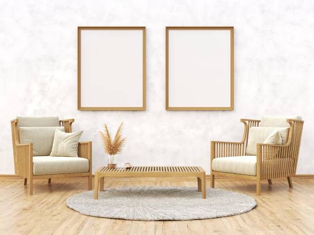 istock Mock up poster frames with two wooden armchairs in modern interior background 3D 1400319455