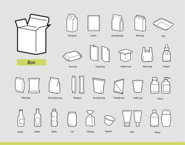 ilustrações, clipart, desenhos animados e ícones de um conjunto de ícones do tipo de embalagem. - lata recipiente