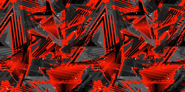 Vector abstract seamless grunge pattern. Grungy graffiti urban art background Abstract vector seamless grunge pattern. Urban art texture with neon lines, triangles, chaotic brush strokes, ink, splatter. Grungy graffiti background. Trendy design in red, black and gray color red camouflage pattern stock illustrations