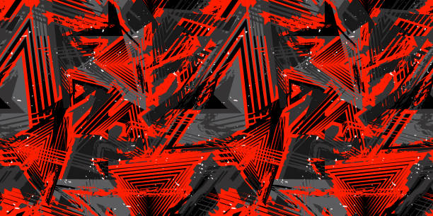 Vector abstract seamless grunge pattern. Grungy graffiti urban art background Abstract vector seamless grunge pattern. Urban art texture with neon lines, triangles, chaotic brush strokes, ink, splatter. Grungy graffiti background. Trendy design in red, black and gray color red clothing stock illustrations