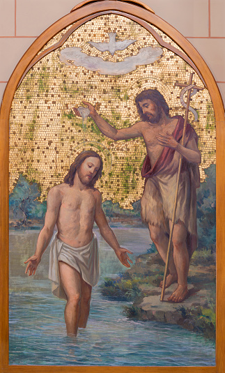 Bari - The fresco of Baptism of Jesus in the  church Chiesa dell Immacolata by Umberto Colona.