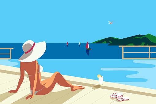 Seaside leisure relax tourist resort vector poster. Female in swimming pool enjoy sea landscape. Blue ocean nature outdoor scenic view background. Holiday vacation season sea travel recreation concept