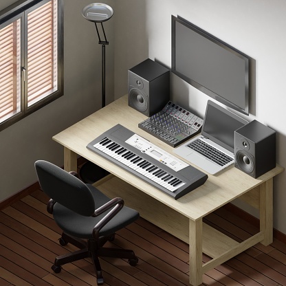 3D rendering illustration of an audio mixing home studio