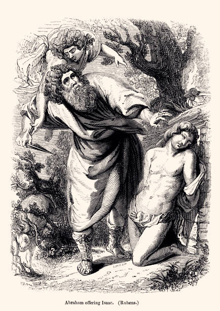 ABRAHAM OFFERING ISAAC (XXXL with lots of details) Abraham offering Isaac by Rubens. Vintage engraving circa late 19th century. Digital restoration by Pictore. father abraham stock illustrations