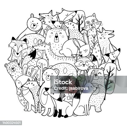 istock Circle shape coloring page with funny forest characters 1400324501