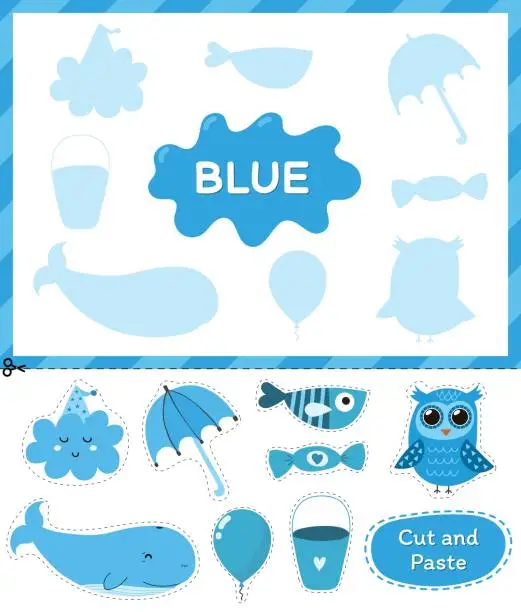 Vector illustration of Blue color. Cut the elements and match them with the right shadows