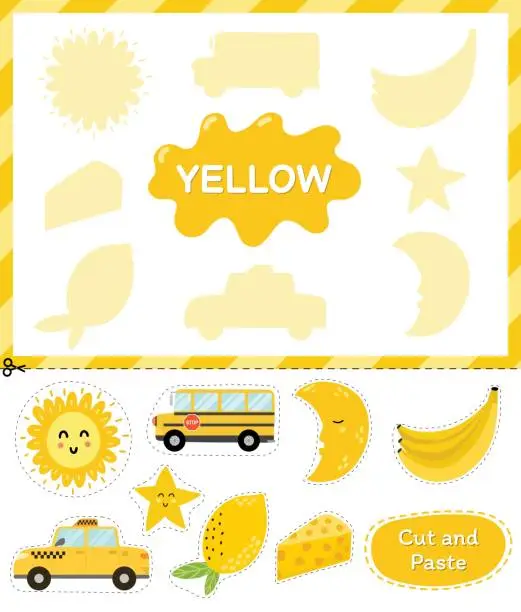 Vector illustration of Yellow color. Cut the elements and match them with the right shadows