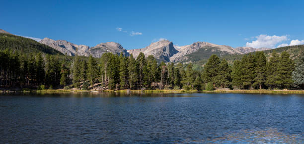 Historic Sprague Lake with the Backdrop of High Mountain Peaks along the Continental Divide. stock photo