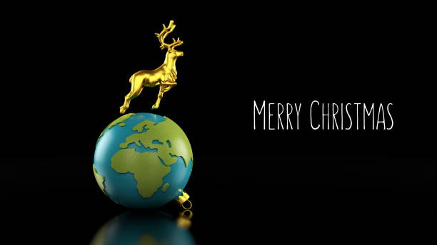 3D Illustration of Golden Reindeer Leaping over Earth Christmas Ornament showing the Americas on Glossy Black Background with Merry Christmas Message stock photo